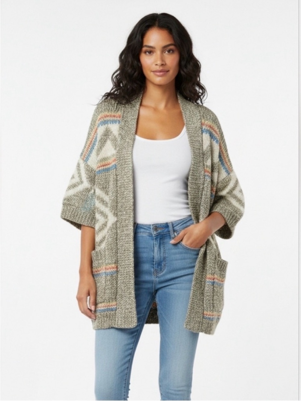 American Eagle Outfitters Olive Patterned Open-Front Cardigan Small